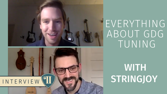 Scott and Ryan discussing strings for Seagull Merlin Dulcimer guitars