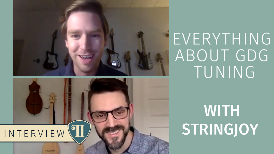 Scott and Ryan discussing strings for Seagull Merlin Dulcimer guitars