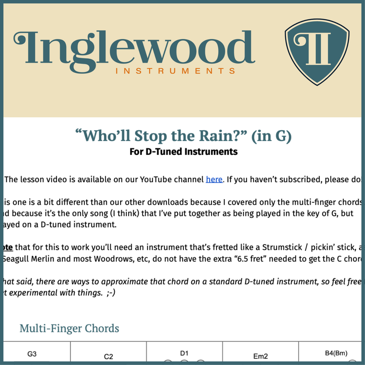 "Who'll Stop the Rain?" (in G for D-Tuned) Dulcimer TAB Chord Guide